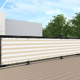SunnyRoyal 3'x46' Balcony Privacy Fence Outdoor Patio Screen Apartments Shade Cloth Cover with Zip Ties, Mesh Net Fencing Windscreen for Porch Deck Backyard (Beige White)