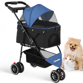 CHIHUAHUA 2-in-1 Foldable Pet Stroller with Canopy,3 Wheels Pet Strolling Cart for Small/Medium Dogs and Cats with Removable Carrier, Breathable Mesh,Cup Holders, Easy Assembly,Blue+Black