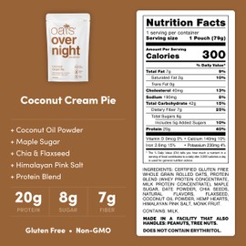 Oats Overnight Coconut Cream Pie - Overnight Oats with 20g Whey Protein, High Fiber Breakfast Protein Shake - Gluten Free Oatmeal, Non GMO High Protein Oatmeal (2.8 oz per Meal) (16 Pack)