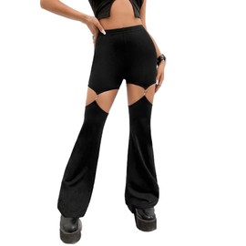 WDIRARA Women's Cut Out High Waisted Flare Elastic Waist Party Leggings Night Out Pants Black M