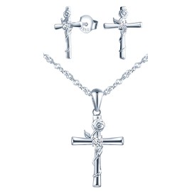 CPSLOVE Cross Necklace Chain Earrings for Women Girls 925 Silver Jewellery Sets Cross Inlaid Rose Necklace Pendant Cross Rose Earrings Zircon, Cubic Zirconia