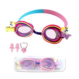 UHDS Unicorn Swimming Goggles for Children, Comfortable Swimming Goggles UV Protection, Anti-Fog Coating, Diving Goggles for Girls Boys Age 3-12 Years with Nose Clips, Ear Plugs and Glasses Box