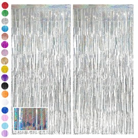 Silver Foil Fringe Tinsel Backdrop Glitter,2pcs 3.2ft x 6.5ft Silver Foil Curtain Decoration,Laser Foil Fringe Metallic Tinsel Door Hanging Foil Flow Silk Streamers for Birthday Wedding Holiday Party