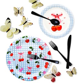 175Pcs Cherry Blue Gingham Party Supplies 9"& 7"Cherry Blue Gingham Paper Plates Cherry Napkins Knives Forks Spoons Cups for Baby Shower BBQs Cherry on Top Bachelorette Birthday Party Decor Serve25