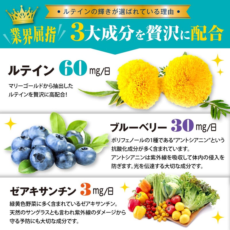 ルテインの輝き ルテイン 高配合 ブルーベリー ゼアチサンチン アスタキサンチン ビタミン オメガ 30日分