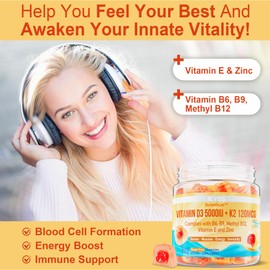 NEVISS Vitamin D3 5000IU + K2 (MK-7) 120mcg, Sugar-Free Vegan Iron Gummies Supplement with Vitamin C, B12, Folate & Turmeric - Energy & Immune Health