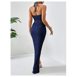 BEAUDRM Women's 2 Pieces Outfit Textured Halter Crop Top and Twist Front Split Thigh Maxi Skirt Set Deep Blue Medium