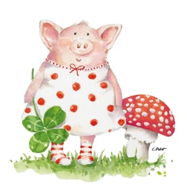 20 Servietten Glück Schwein am Fliegenpilz als Tischdeko. Papierservietten mit Motiv. Auch für Decoupage und Serviettentechnik 33x33cm