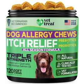 Dog Allergy Relief Chews – Hot Spot & Itch Relief for Dogs with Salmon Oil, Fish Oil, Colostrum, Quercetin & Probiotics – Omega 3 Support for Dry Skin, Coat & Immune Health – Made in USA – 120 Chews