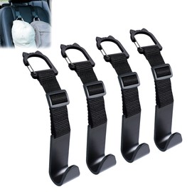 Amooca Car Headrest Hooks 4 Pack Adjustable Universal Fit Auto Seat Back Organizer Storage Hanger Purse Bags Holder with Clip Black