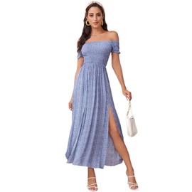 Floerns Women's Boho Floral Print Off Shoulder Split Long A Line Dress Blue Flower S
