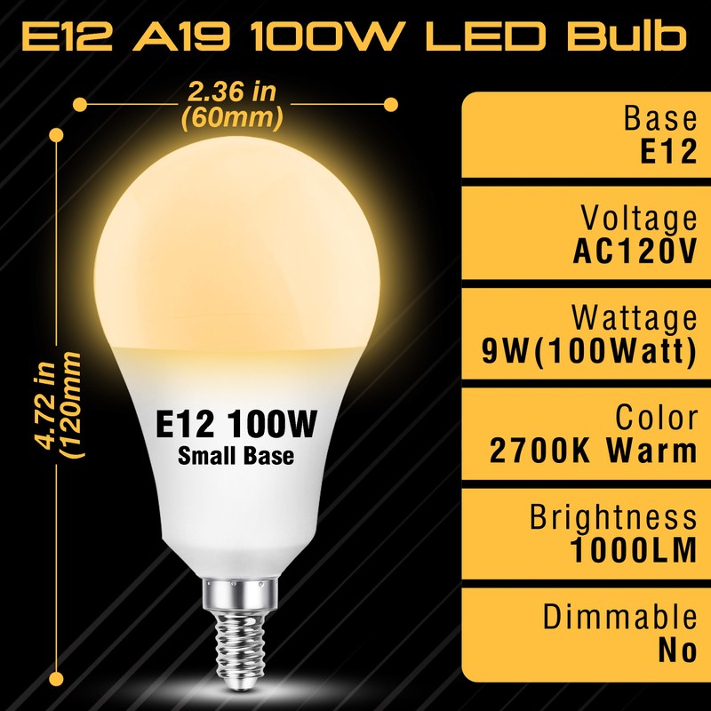 E12 A19 100W Equivalent LED Candelabra Light Bulbs 2700K Warm