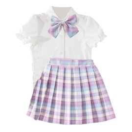 Cute Girls Clothes Kids Girls' JK School Uniform Plaid Skirt Set, Blue Purple Plaid, 11-12 Years