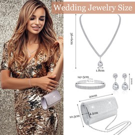Subiceto 4 Pcs Silver Clutch Purse Jewelry Necklace Set for Women Evening Rhinestone Purse Silver Accessories for Women Bride Wedding Jewelry