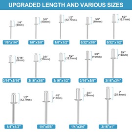 1/4" x 5/8" Aluminum Rivets,55Pcs Aluminum Blind Rivets,Pop Rivets Assortment Kit,Core Pulling Rivets,Rivets for Metal,Marine Boat, Automotive, Railway and Duct Work