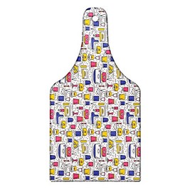 Ambesonne Hipster Cutting Board, Body Care Tools from Hair Dryer Toothbrush and Cosmetic Products Pattern, Decorative Tempered Glass Cutting and Serving Board, Wine Bottle Shape, White and Multicolor