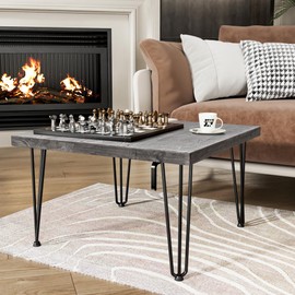 FLYJOE Rustic Wood Square Coffee Table with Metal Legs, Solid Elm Wood Top and Non-Slip Feet Pads - Farmhouse Style for Living Room, Grey