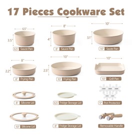 SENSARTE 17 Piece Ceramic Pots and Pans Set, Nonstick Detachable Handle Cookware, Induction Kitchen Cookware Set with Removable Handle, Dishwasher ＆ Oven Safe, PFAS/PTFE/PFOA Free (Almond Beige)