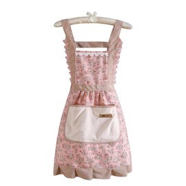 Pink Adjustable Chef Apron Floral Pretty Vintage tabards for Women with Pockets - 1940s Style wrap around kitchen aprons,Waterproof Canvas Cooking Apron for Baking,Restaurant,Bistro,BBQ,Gardening