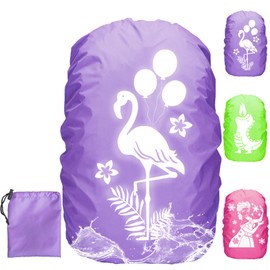 LUKIUP Rain Cover for Backpack School Bag 30-40L, Flamingo Rain Cover School Bag, Reflector School Bag Rain Cover Purple for Children on the Way to School Hiking, Camping, Cycling