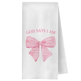 OVAcational Pink Coquette Christian Bow Kitchen Towels,Inspirational Bible Verse Hand Towel for Bathroom,God Says I Am Dish Tea Towel for Kitchen,Christian Gifts for Women,16x24 Inches