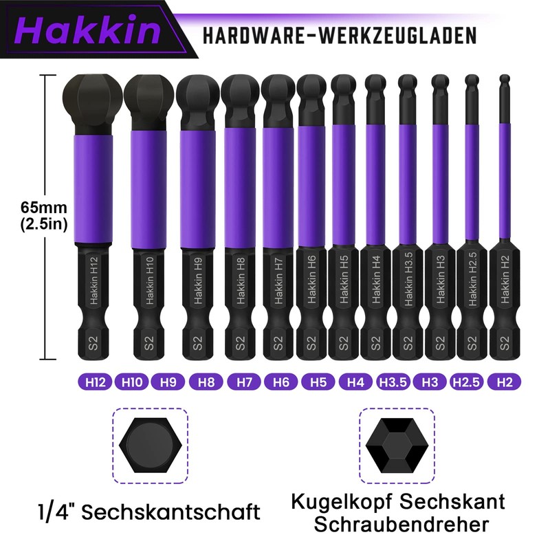 Hakkin Hexagonal Bit Set Long 12 Pieces 65 mm Ball