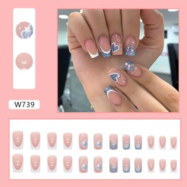 LPOODDNU Glitter Heart Press on Nails Medium Square Fake Nails White French Tip Designs Blue Heart Press on Nails Glossy False Nail Tips Valentine’s Day Acrylic Nails Cute Stick on Nails for Women
