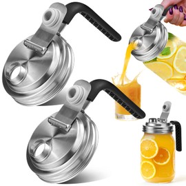 Mason Jar Pour Spout Lid Stainless Steel with Handle, Wide Mouth Pour Spout Flip Cap Lids for Mason Jars, Anticracking Leak Proof Seal Cover Airtight for Drinking Salad Dressing & Food Storing(2PCS)