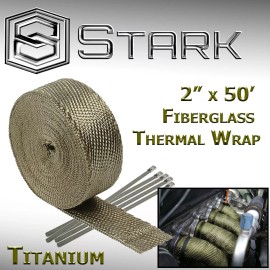 Stark 2" x 50FT Exhaust Header Fiberglass Heat Wrap Tape w/ 5 Steel Ties Titanium (T)
