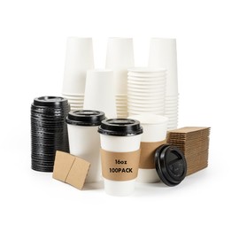 PakTalk [100 Pack 16 oz Paper Coffee Cups Disposable Hot Cups To Go Cups with Lids for Hot Drinks (16 oz with Lids & Sleeves, White)