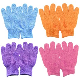 Haobase 4 Pairs Exfoliating Gloves Body Scrub Bath Gloves Scrubbing Gloves for Shower, Spa, Massage, Dead Skin Cell Remover (Blue+Orange+Purple+Rose)