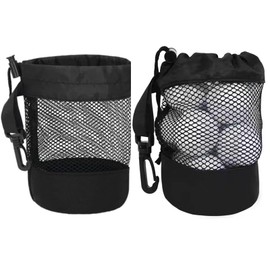 Yeanifeana 2-Pack Black Nylon Mesh Golf Ball Bags with Drawstring Closure & Hooks, Durable Golf Ball Storage Organizer Pouches (6.5x5.5 Inches)