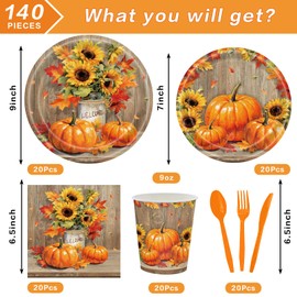 140Pcs Fall Thanksgiving Party Supplies Tableware Set for 20 Guests, Pumpkin Paper Plates and Napkins Cups Tablecloth Cutlery Straws for Autumn Harvest Party Decoration
