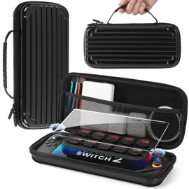 Switch 2 ケース ガラスフィルム スティックキャップ付き スイッチ2 キャリングケース ハードポーチ 収納バッグ 全面保護 耐衝撃 ゲームカード10枚収納可 ブラック