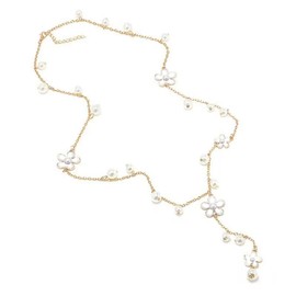 Flower Drop Y Necklace for Women Dainty Pearl Lariat Y-Shaped Necklace Pendent Tassel Long Necklace Delicate Simple Jewelry Gift Wedding Jewelry for Dressy Winter Evening Party (White)