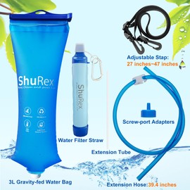 Gravity Water Filtration System, 3L Bag with Filter Straw, Hollow Fiber and Carbon Filter, for Camping and Emergency