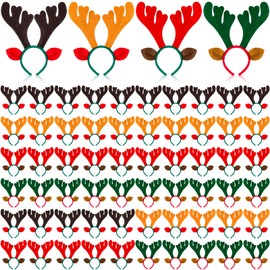 Riceshoot 60 Pcs Christmas Reindeer Antlers Headband Deer Headpiece with Ears for Adult Women Xmas Costume Party Favors(Red, Green, Brown, Khaki)