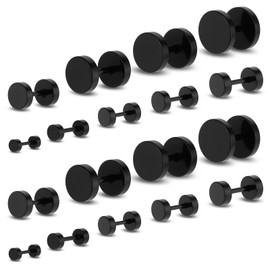 9 Pairs 3mm-14mm Black Fake Gauges Earrings for Men Women Titanium Steel Dot Earrings Black Round Stud Earring 9 Sizes