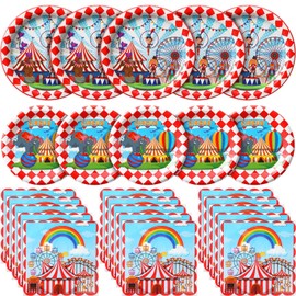 Gandeer 400 Pcs Circus Party Supplies 100 9 Inch Plates 100 7 Inch Plate 200 Disposable Paper Luncheon Napkins Red and White Dinner for BBQ Picnic Birthday Party
