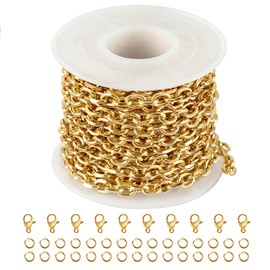 Kyutong 16.4FT Gold Plated Jewelry Making Chains on Spool 304 Stainless Steel Chains Bulk Chunky Cable Link Chain with Lobster Clasps Jump Rings for Jewelry Craft Making