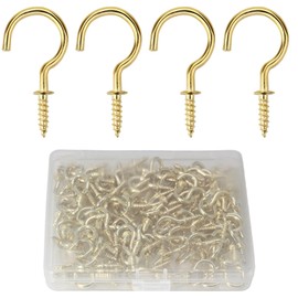Biaungdo 120 Pack 1/2 Inch Small Screw Hooks with Plastic Box, Gold Self-Tapping Ceiling Cups Hooks for Hanging