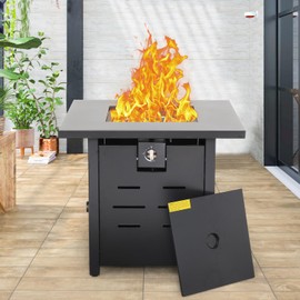Propane Fire Pit 28 Inch Outdoor Fire Pit 50000 BTU Square Gas Fire Table with Steel Lid Blue Crystal Beads and Waterproof Cover for Outside Patio and Garden
