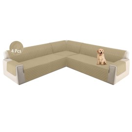 HDCAXKJ L Shape Couch Cover Sectional Sofa Cover 4 Pcs Corner Sectional Sofa Slipcovers Sets for Pets Dogs Washable Non Slip U Shaped Furniture Protector for Sectional Sofa (Tan, XX-Large)
