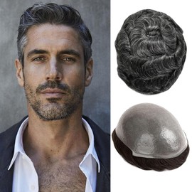 Xingrda Toupee For Men Ultra Thin Skin V-looped Mens Toupee Full Poly PU Human Hairpiece 8x10 inch Hair Unit Wigs For Man (#1B60 Natural Black With 60% Gray)