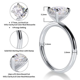 1 Carat Oval Cut Moissanite Engagement Ring for Women 925 Sterling Silver Solitaire Rings D Color Lab Created Diamond Promise Wedding Ring for Her Size 8