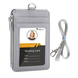 Teskyer Badge Holder with Side Zip Pocket, Multiple Card Slots Leather ID Holder Wallet with Neck Lanyard for Office Staffs, Teachers/Students, Workers, Cruise Cards, Bus/Metro Cards, Lichee Gray