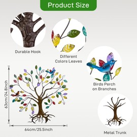 VEWOSTAR Metal Wall Art for Living Room Home Decor Colorful Leaves Wall Sculpture Tree of Life Handcrafted Wall Decor Hangings for Outdoor Indoor(25.5" W * 24.8" H)