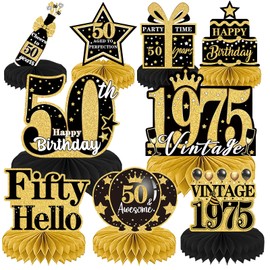 Luvart 50th Birthday Decorations-9pcs 50th Birthday Decorations for Men Black and Gold Table Decorations for Birthday Party Men Women Honeycomb Decs Vintage 50 Birthday Party Table Decor Supplies