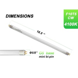 16inch F10T5 CW 10watt Fluorescent Bulb, 4100K Cool White Light, Replacement T5 10W 4200K Bright White Lighting Tube, 16.5" Overall Length (2pack)