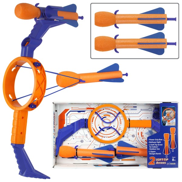 Funwares Mighty Ring Strike - Kids Bow and Arrow Archery Set Toy - Safe for Indoor & Outdoor Play - Mom's Choice Awards Winner - Includes 2 Cushiony Foam Arrows & 1 Orange & Blue Bow Ages 4-8